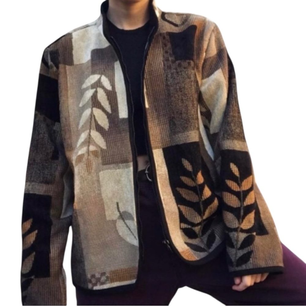 COLDWATER CREEK Patchwork Leaf Pattern Jacket in Brown/Tan/Cream/Black Size L - Picture 4 of 6